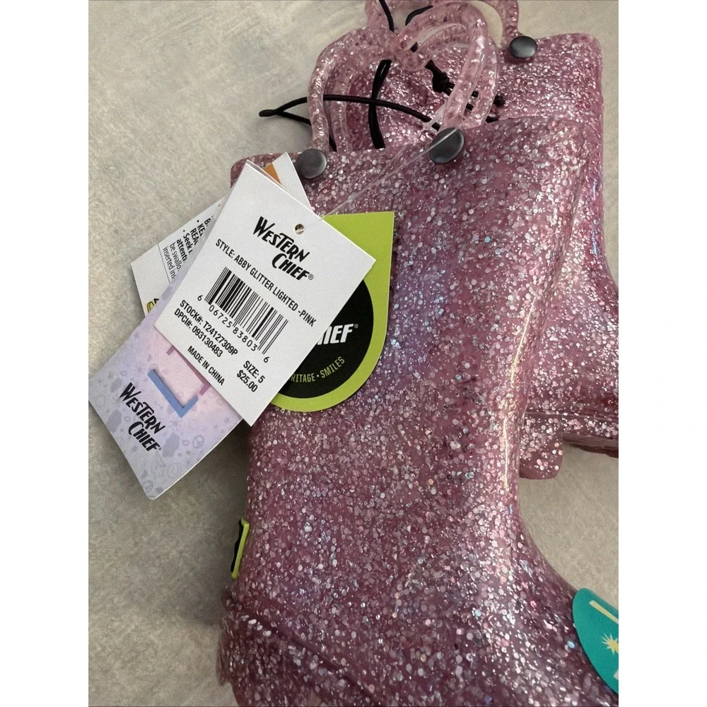 Western Chief Toddler Girl Size 5 Abby Glitter Lighted Rain Boots NWT Shiny